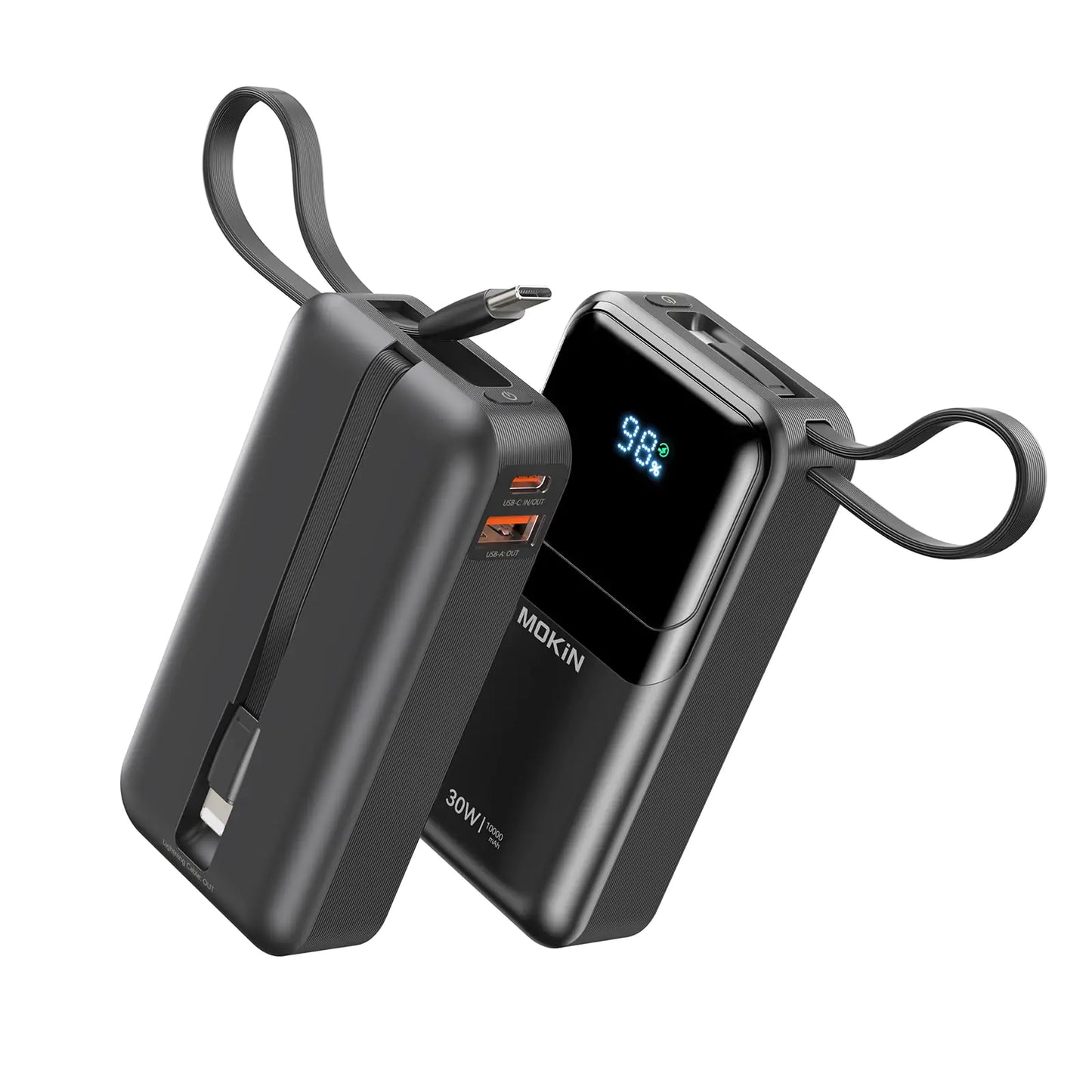 Chargeur Portable, Banque d'Alimentation 10000mAh, Batterie de Charge Rapide 30W, USB-C, USB A, Intègre 2 Câbles iOS & Type C, Affichage Numérique, PowerBank Compact Compatible avec iPhone 16/15/14/13 - Noir